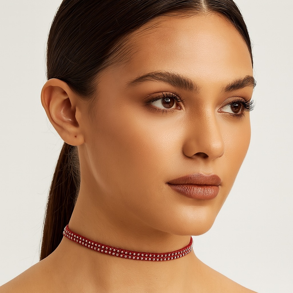 90s Style Burgundy Choker Necklace Maroon Velvet Band w/ Gold silver toned Studs